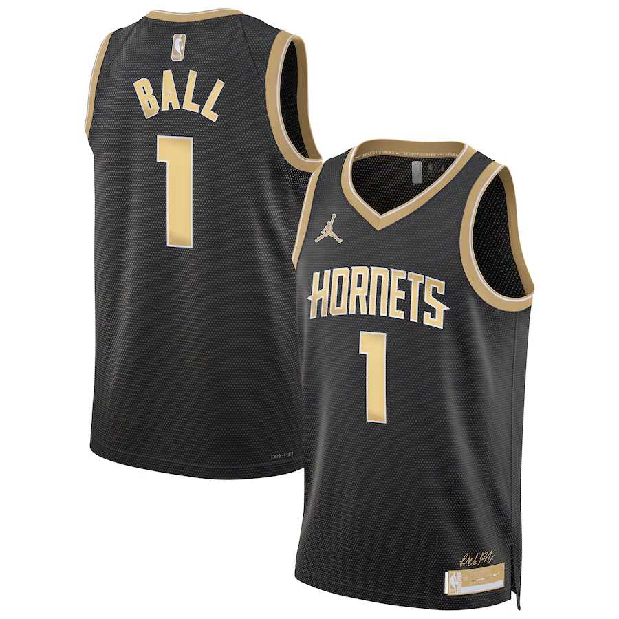 Mens Charlotte Hornets #1 Lamelo Ball Black Gold 2024 Select Series Stitched Jersey Dzhi